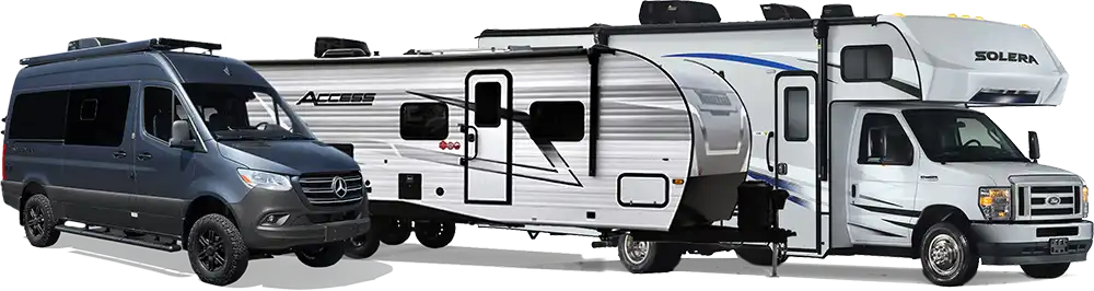 Giant RV inventory — camper van, travel trailer, and Class C motorhome